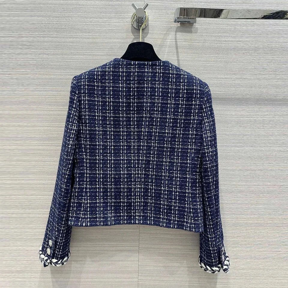 Fashion Design Blue Plaid Woven Tweed Jacket Women O-neck Long Sleeve Single Breasted Twist Pockets Vintage Coat