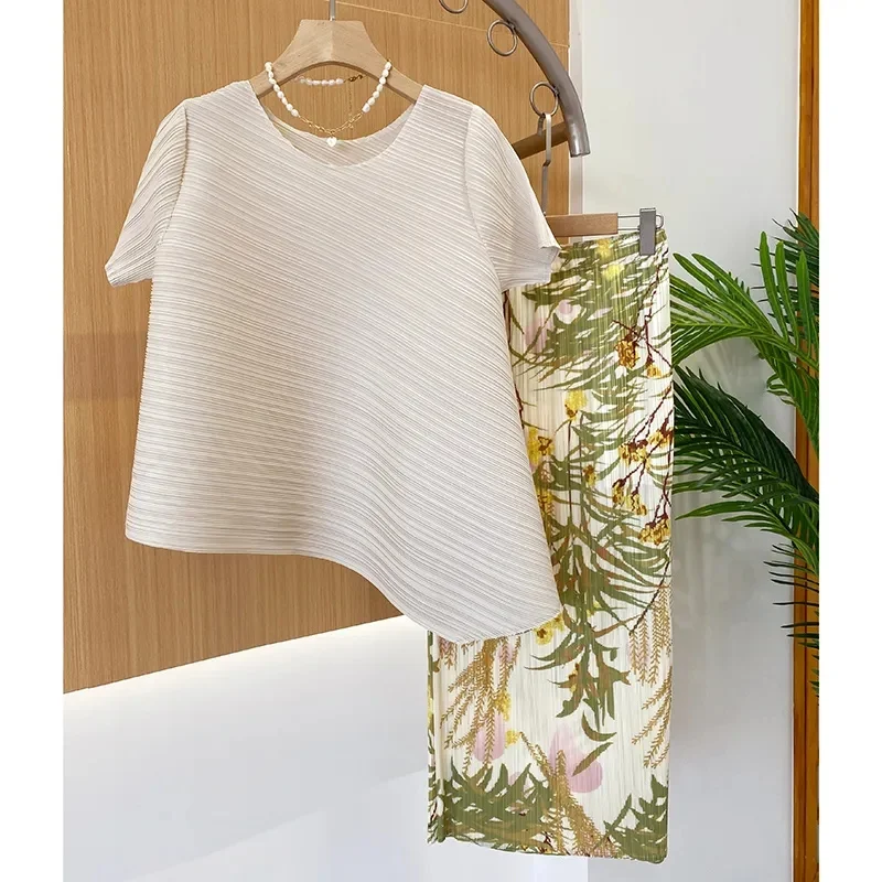 Skirts for Women Fashion Loose Lssey Miyake Pleated Print Beautiful Skirt spring and Summer Print Slightly fat mm Pleated Skirt