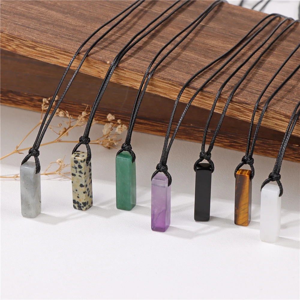 Retro Long Rectangle Stone Pendent Necklace Natural Stone Tiger Eye Obsidian Gem Leather Rope Necklace Vintage Men Jewelry Gift