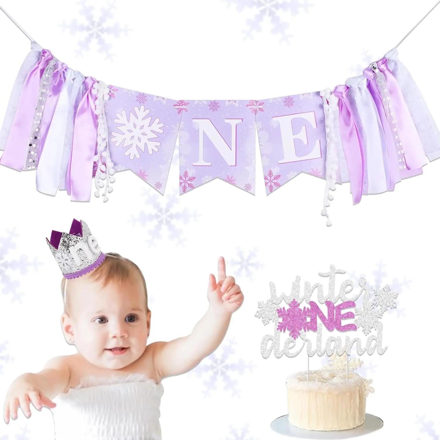 

Winter Onederland First Birthday Decor Set Cake Topper Highchair Banner, Winter Snow 1st Birthday Hat Crown Party Supplies