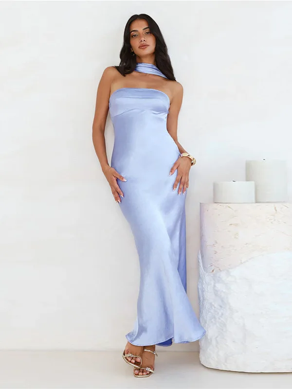 Sexy Satin Strapl Une épaule Dr European Sle Taille haute Bal Jupe longue sans Sve High Quali Polyester M...