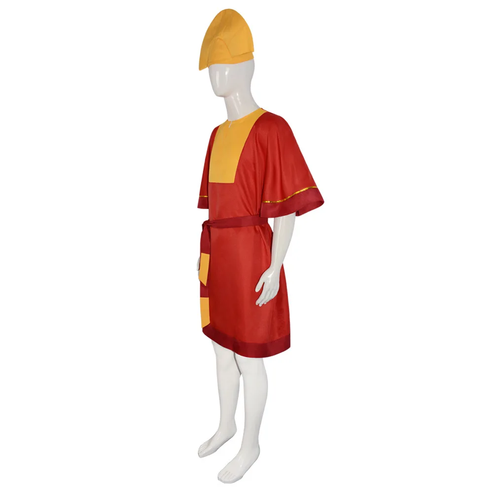 Anime Keizer Kuzco Cosplay Kostuum Koning Rode Jumpsuit Gele Hoed Riem Outfits Met Mannen Halloween Fancy Uniform