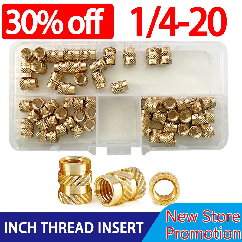 60PCS/set 1/4-20 Insert Nut Inch Size Brass Threaded Heat Knurled Hot Melt Molding Injection Embedded Copper Nut of 3D Printing