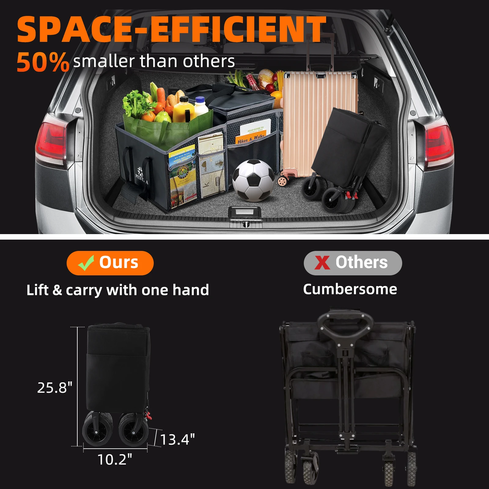 عربة قابلة للطي سعة 260 لترًا مع سعة وزن 440 رطل، عربة حديقة قابلة للطي للتخييم والرياضة في الهواء الطلق