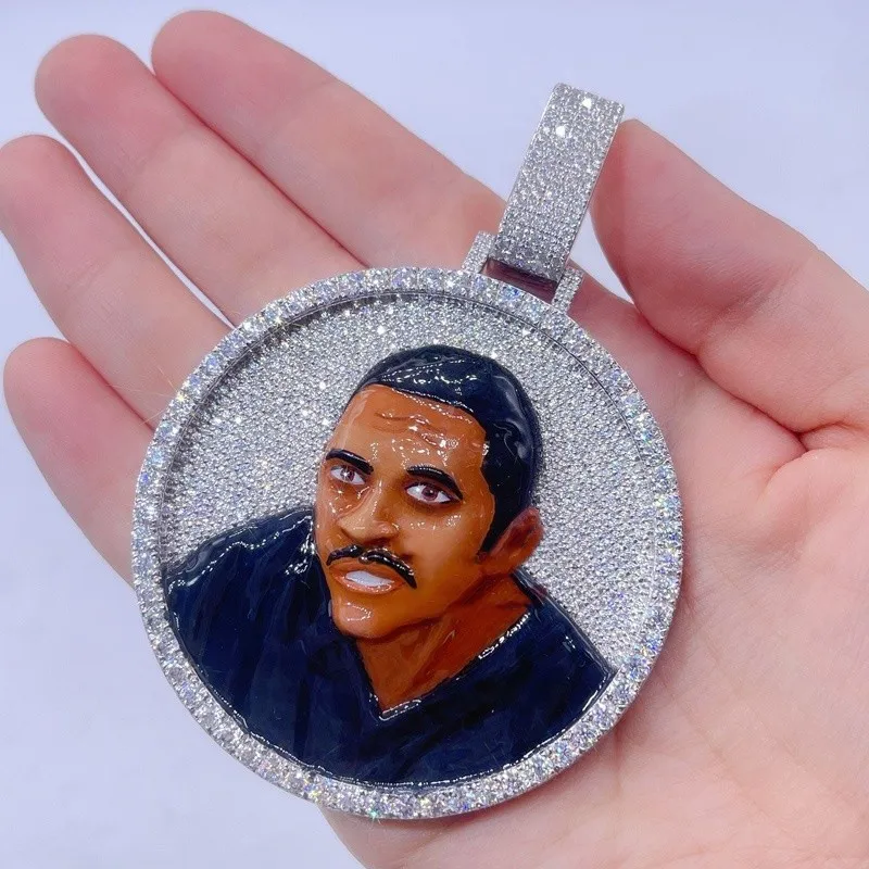 JEWE Custom Portrait Enamel Pendant Hip Hop Iced Out Vvs Moissanite Diamonds Charm Pass Diamonds Tester Personalized Men's Chain