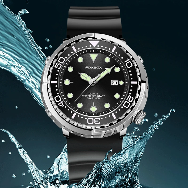 Imagem -03 - Foxbox-relógio de Pulso Militar Impermeável Masculino Data Automática Pulseira de Silicone Moldura Rotativa Presente Esportivo 50m