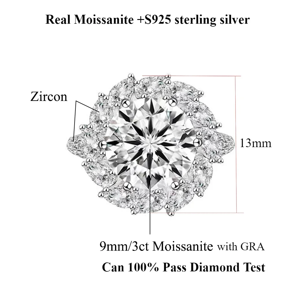 Imagem -06 - Feobur-anéis Moissanite Grandes para Mulheres 925 Prata Esterlina Banda de Casamento com Certificado Jóias de Noivado Luxo 3ct