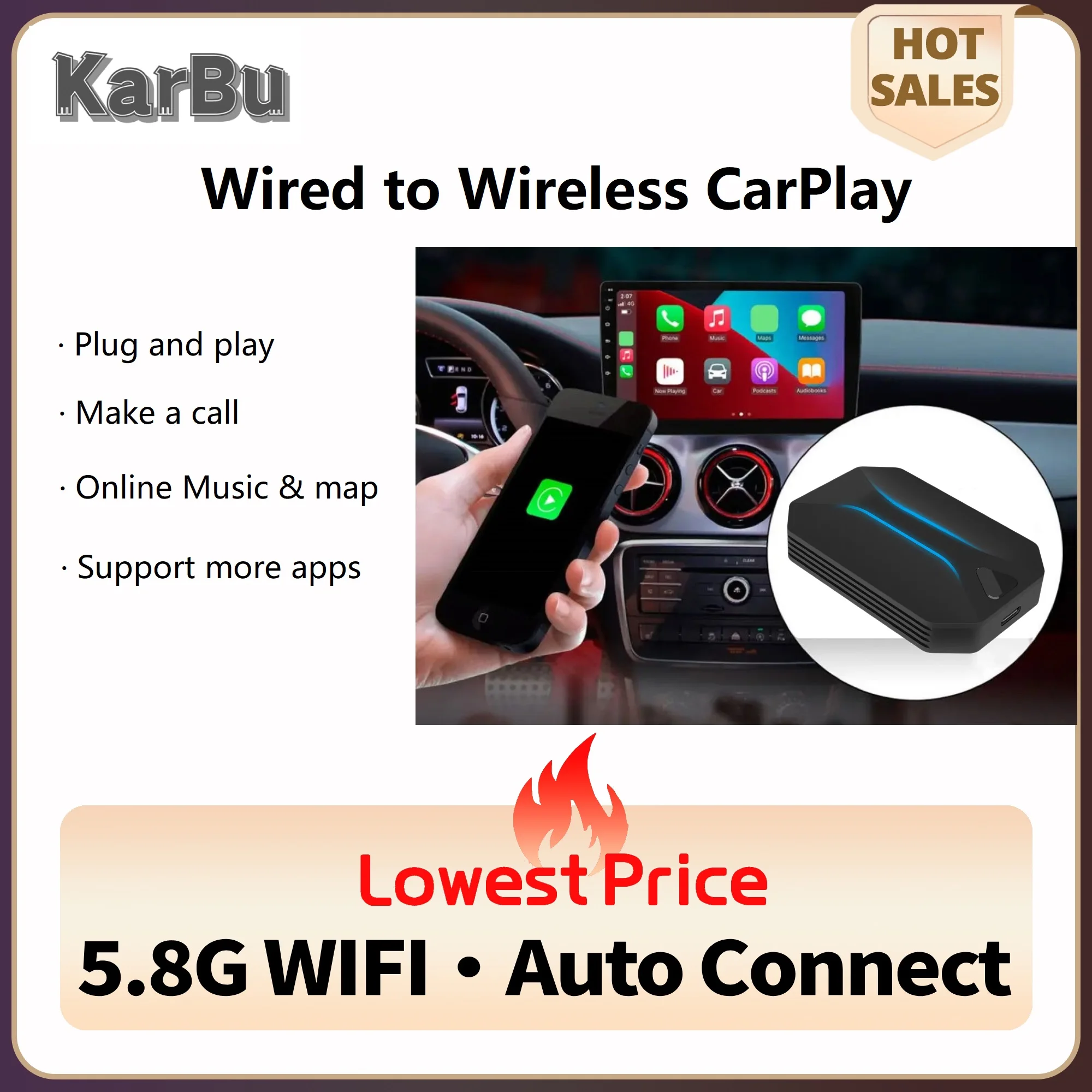 Apple Carplay Wireless Adapter Mini Ai Box Car Play Inalambrico Dongle Car Player Sans Fil Iphone Smart Boitier Adaptador Wifi