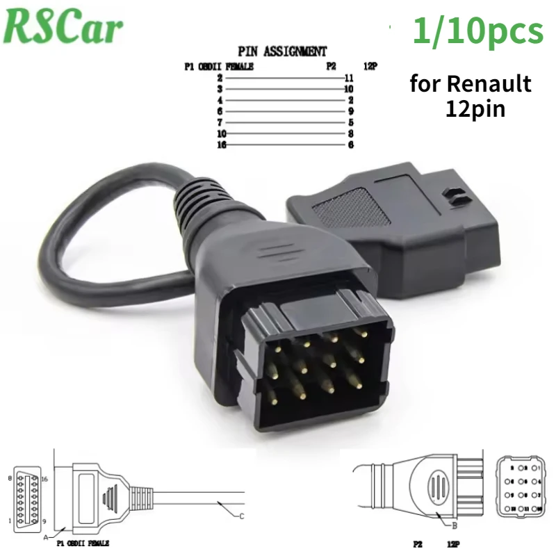 

HOT SALE 1/10pcs OBD2 Cable 12pin To 16Pin 12Pin OBD2 Connector Cables for Renault 12pin OBD Extension Cable Adapter Tools