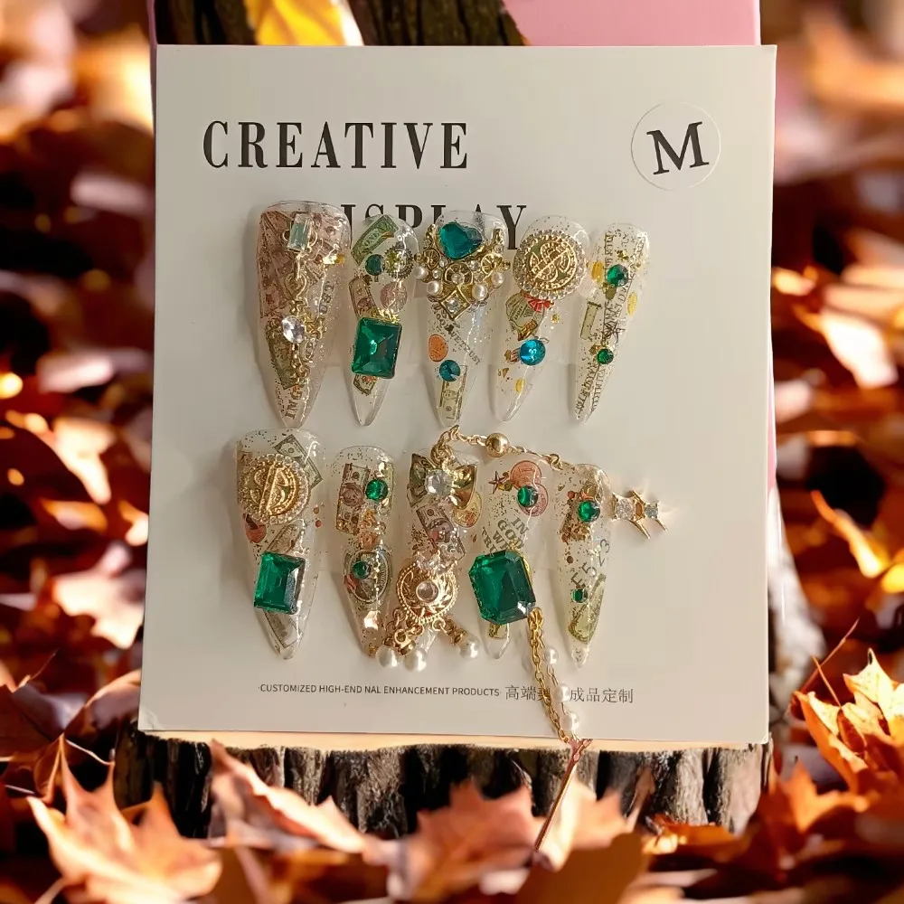 

Royal Style Press-on Nails Emerald Gold Chains Design Snake Year Edition Reusable Fake Nails No Damage 3D Emerald Gold Chains