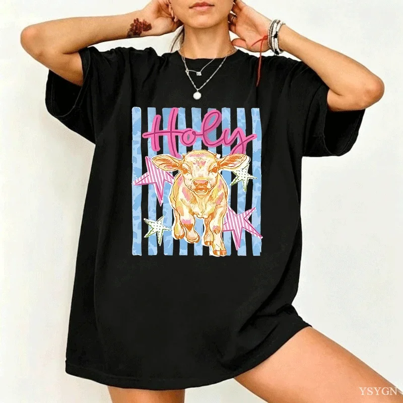 Holy Cow Tshirt Women Cow Graphic T Shirts Streetwear Cute Farm Girl T-shirt Country Western Casual Cotton Short Sleeve Tops
