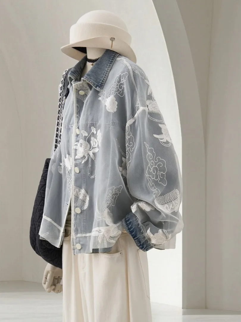 

Large Size 300 Pou Embroidered Patchwork Denim Jaet Men's Women's Loose Spring Top Faion Urban Sle Long Sve