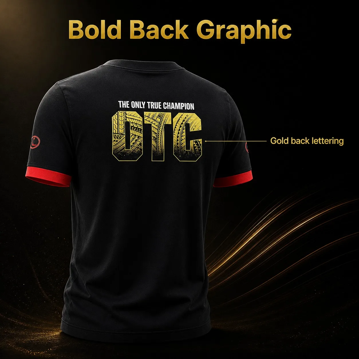 Mens OTC Wrestling Champion Lightning Flame Black Red Contrast Cuff Dual-Sided Print Hardcore Fan Short Sleeve T-Shirt