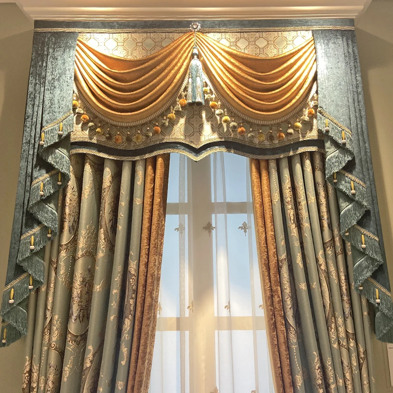 Custom European high precision jacquard bedroom villa high window blue cloth valance blackout curtain tulle drape C2014