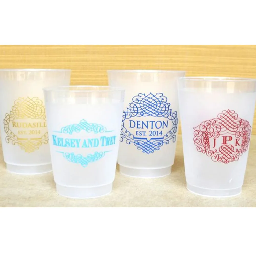 

Delicate Ornate Border Custom Frost Flex Shatterproof Party Cups, Personalized 5oz 8oz 9oz 10oz 12oz 14oz 16oz 20oz 24oz Frosted