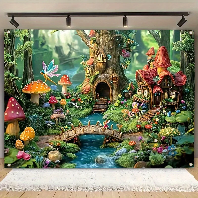 Ein magischer Pilzwälder-Polyester-Hintergrund, eine lebendige Märchenszene, perfekt für Frühlings- und Urlaubspartys