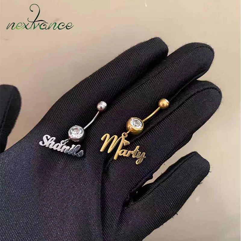 Nextvance Custom Name Dangling White Stone Navel Piercing Belly Button Rings Personalized Stainless Steel Body Piercing Jewelry