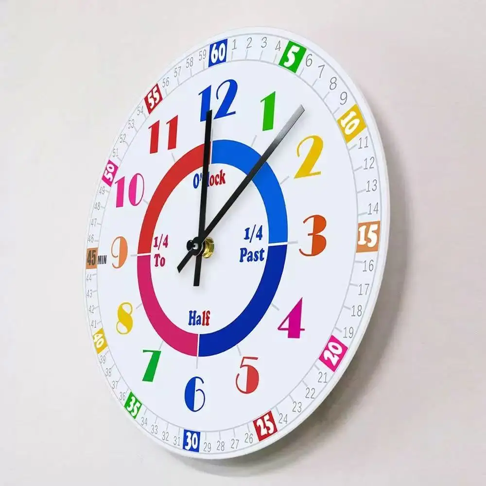 Colorful Kids Teaching Wall Clock - Educational Silent Quartz Watch for School Classroom Playroom Decor - Telling Time Children