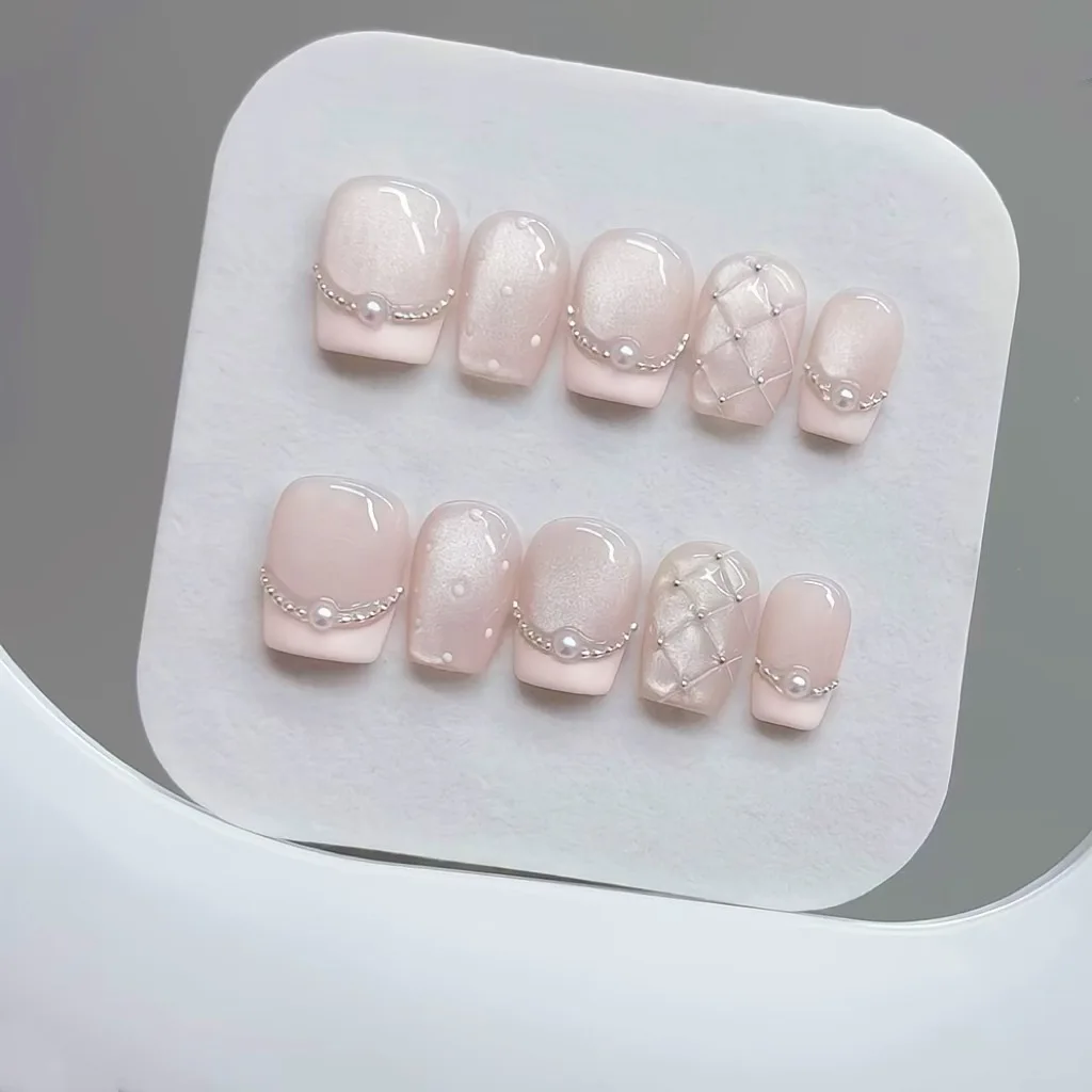 

10pcs Handmade Press on Nails Plaid Pearl French Cat's Eye Aurora Fishtail Full Coverage Nail Tip for Women&Girl Removable Nail