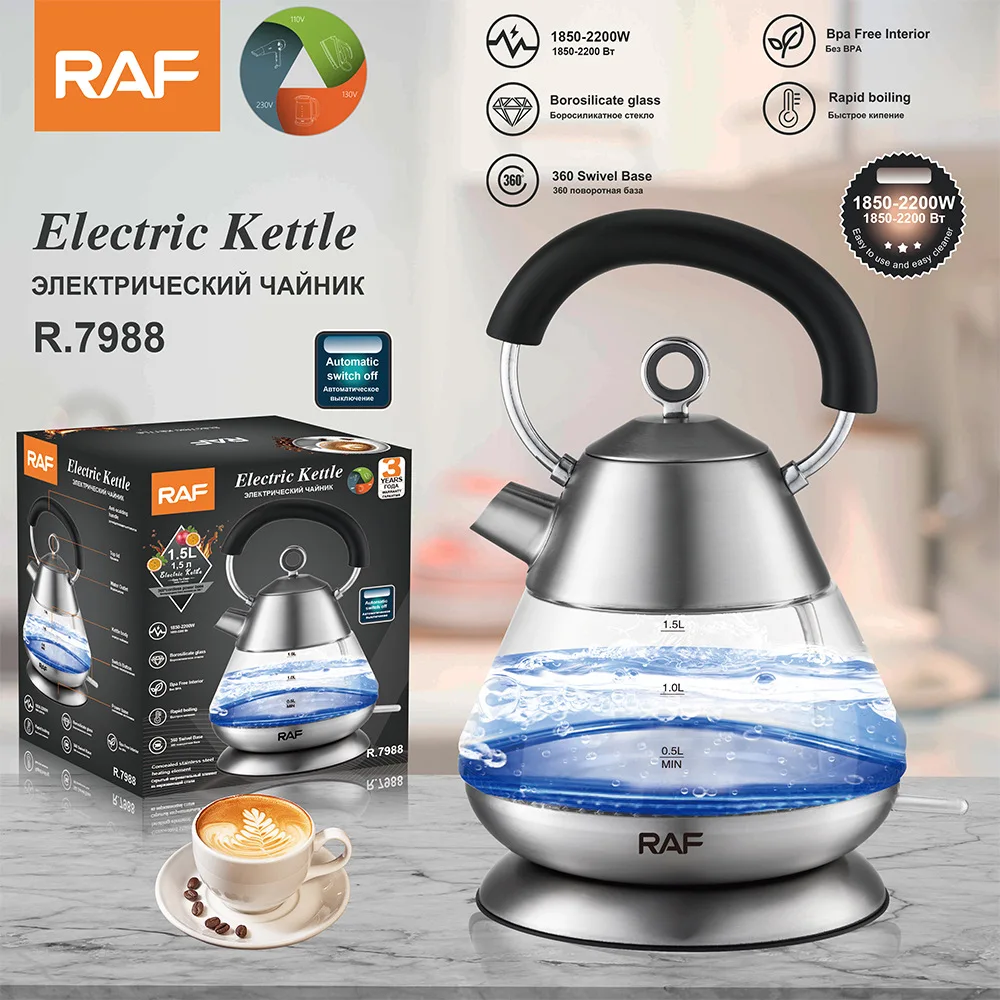 

RAF Европейский трансграничный прозрачный стеклянный электрический чайник объемом 1,5 л, автоматический многофункциональный чайник большой емкости с перегревом
