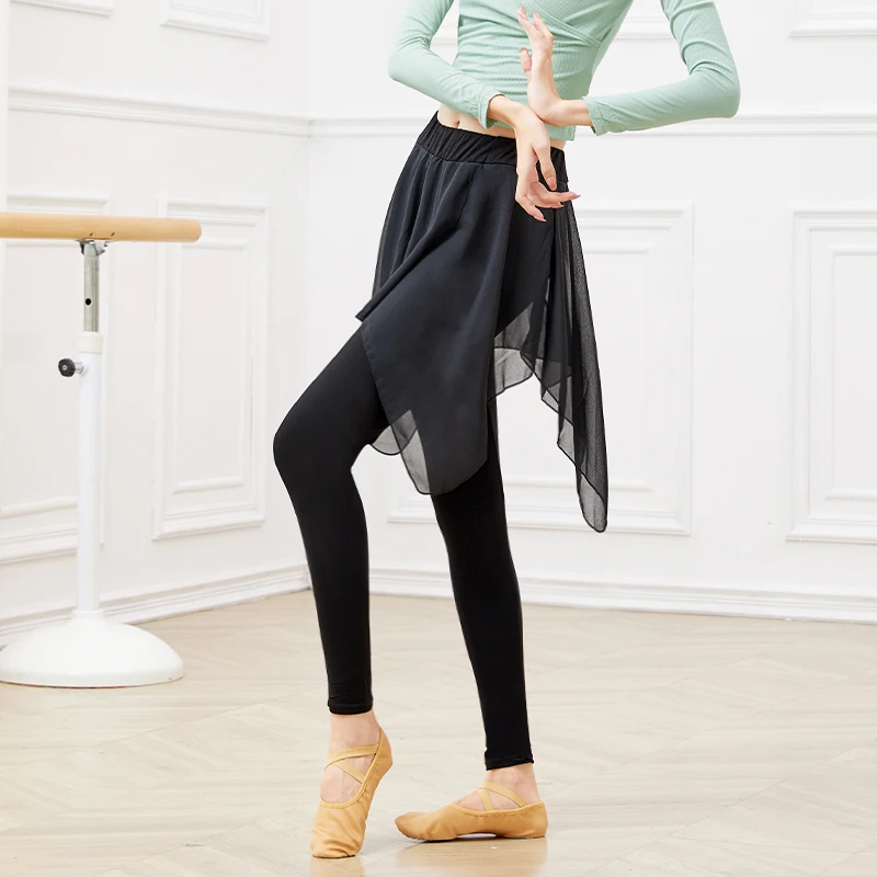 Women Dance Pants Sport Running Fitness Pants Yoga Leggings Ballet Long Pants with Chiffon Skirt Modal Dance Trousers Adult