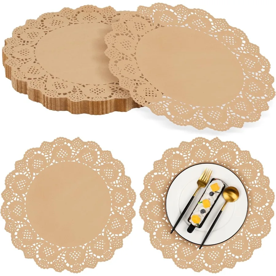 

100 Pack Round Brown Kraft Paper Doilies 13.5 Inches Lace Paper Place Mats Rustic Scallop Doily Disposable Table Pads for Food