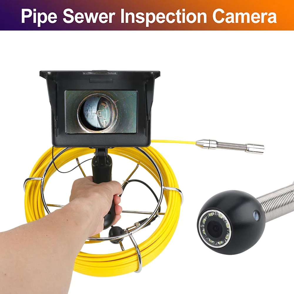 5inch 17mm 10-50m Handheld Industrial IP68 Waterproof Drain Inspection System 1200 TVL Pipe Sewer Video Camera With 8pcs Lights