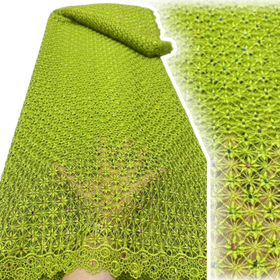 

Зеленая модная стильная африканская кружевная ткань с бисером, 2025, высокое качество, кружевной хлопковый шнур, кружевная ткань, нигерийский гипюр, вышивка AH1469