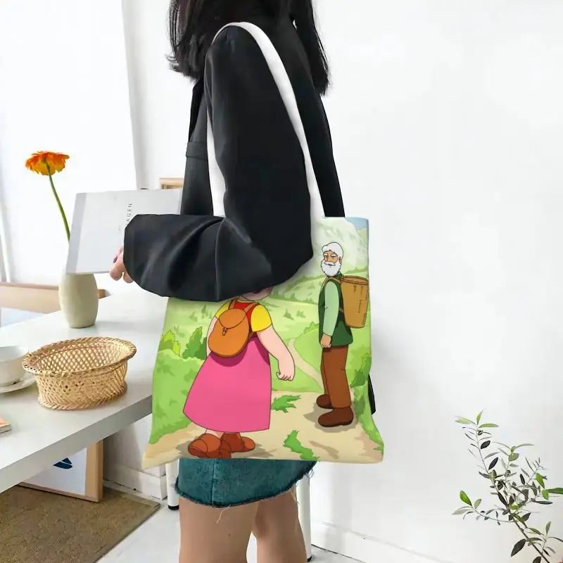 Custom Anime Heidi Girl Of The Alps Shopping Canvas Bag Women Reusable Grocery Heidi Peter Grandpa Tote Shopper Bags