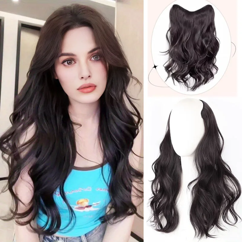 synthetic long 20inches  High level French curly wave hair extenstion v-shaped 4clips in hair extenstion fake hairpiece for whit