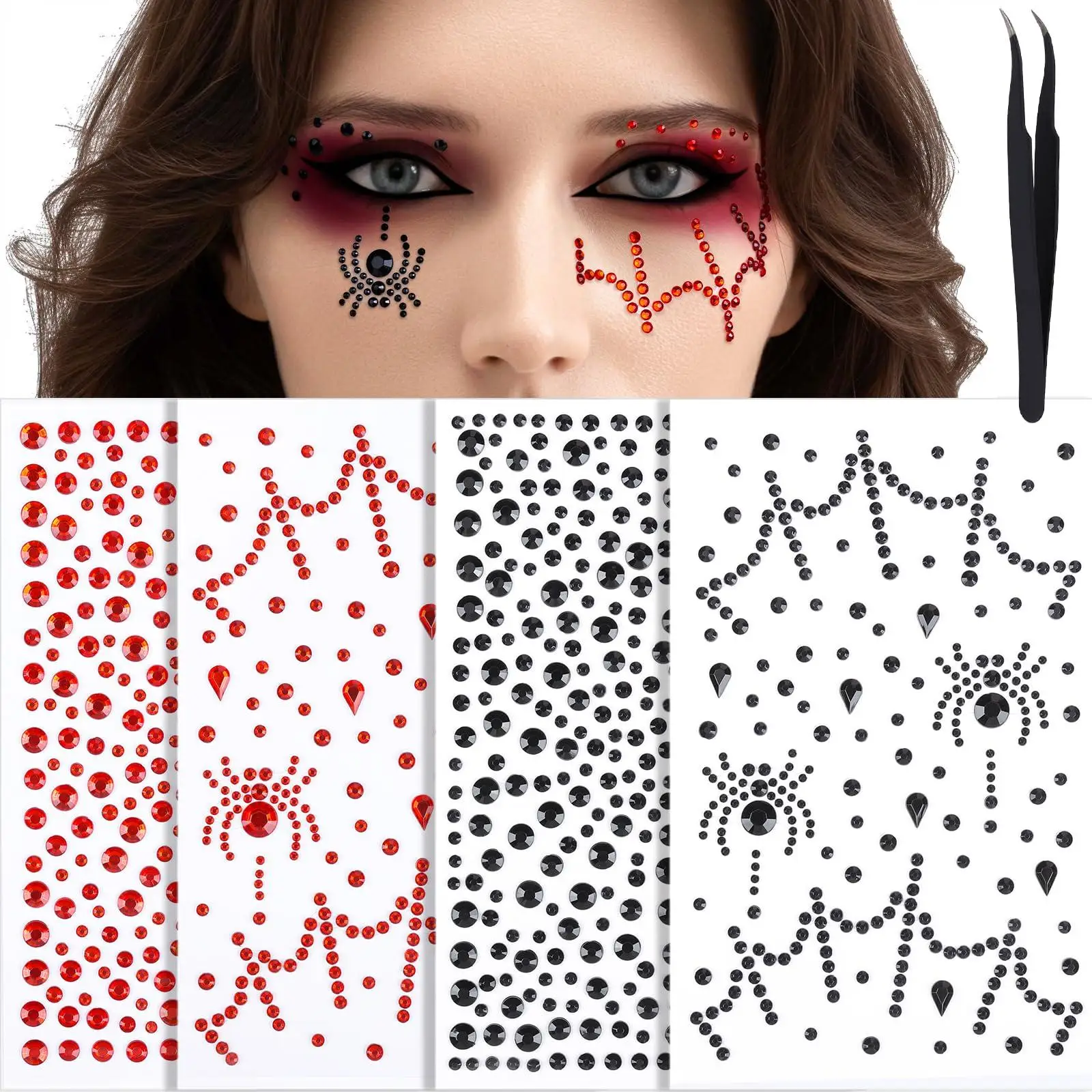Face Gems Jewels Stick On Red Black Rhinestones Halloween Makeup Face Stickers 3D Spider Web Jewels Stickers Rave Accessories