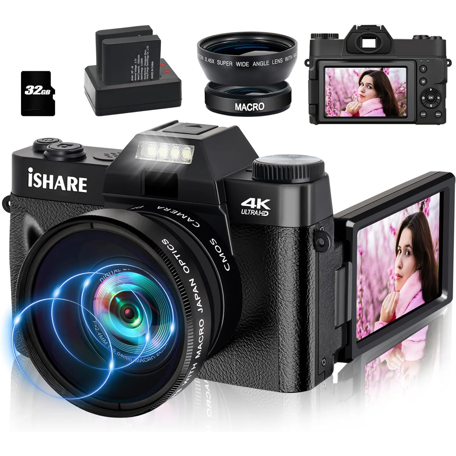 كاميرا رقمية 4K للتصوير الفوتوغرافي 16X كاميرات فيديو واي فاي تكبير رقمي 64 ميجابكسل ضبط تلقائي للصورة على YouTube كاميرا فيديو مدونة فيديو مع شاشة قلابة 3 بوصة