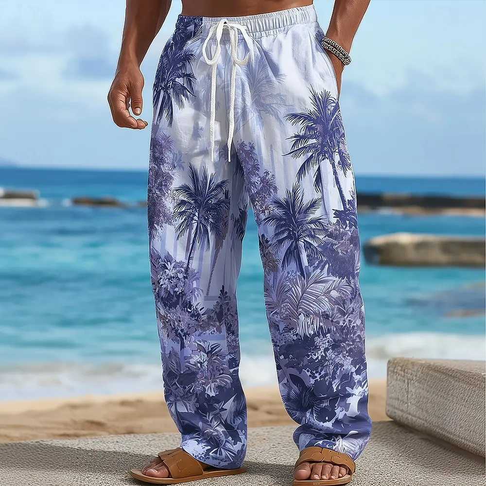 Men's Beach Pants Tropical Palm Floral 3D Print Gradient Wide Leg Elastic Waist Drawstring Casual Summer Vacation Loose Trousers