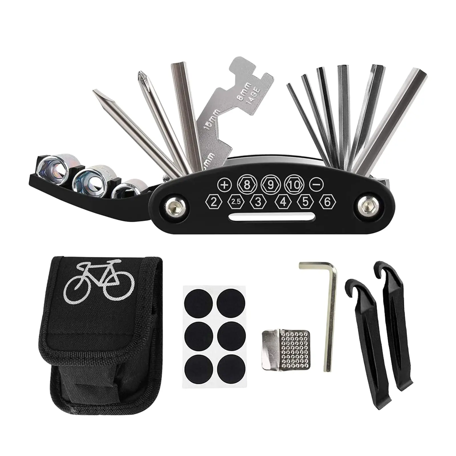 Bike Repair Tool Kits Pump or Saddle Bag Set with 16 in 1 Bicycle Multitool Bike Tire Levers Wrench Portable Patches Fixes