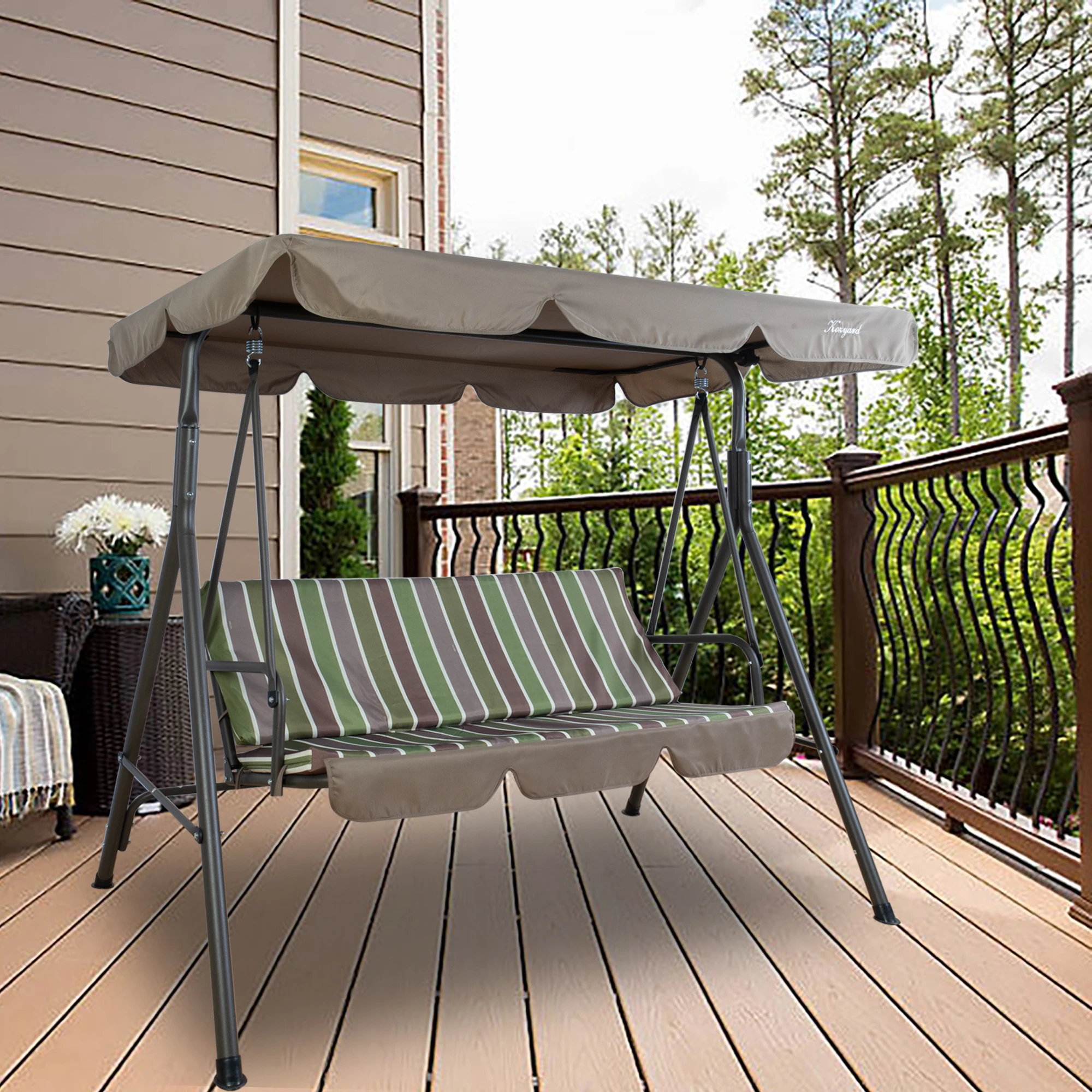 

Alicia удобное кресло-качалка с 3 подушками для патио, прочный стальной каркас, регулируемый навес, съемная подушка для улицы