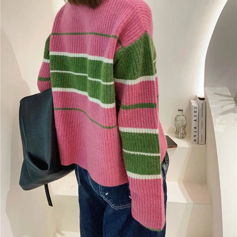 O-Neck Rose Red Gray Colour Striped Patchwork Women Top Color Contrast Thick Sense of Design Fashion Knitting Sweaters Pretty