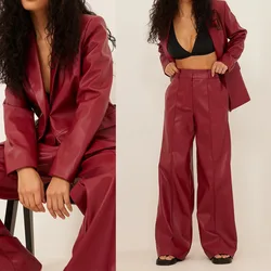 Dark Red Women Leather Suits Custom Made Sexy Notched Lapel Loose Blazer Outdoor Casual Daily Streetwear Coat 2 Pieces Set