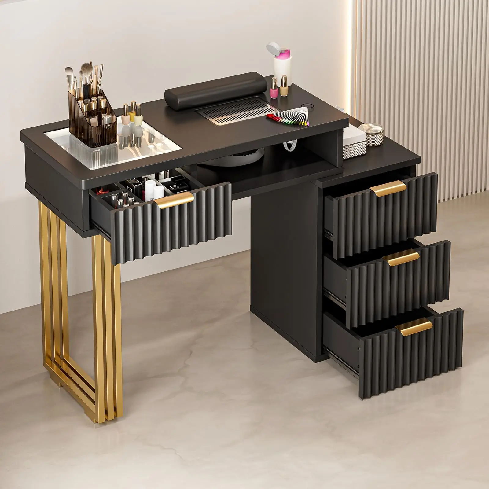 Manicure Table Nail Desk for Nail Tech, Glass Top Beauty Salon Nail Tech Table Station with Electric Downdraft Vent