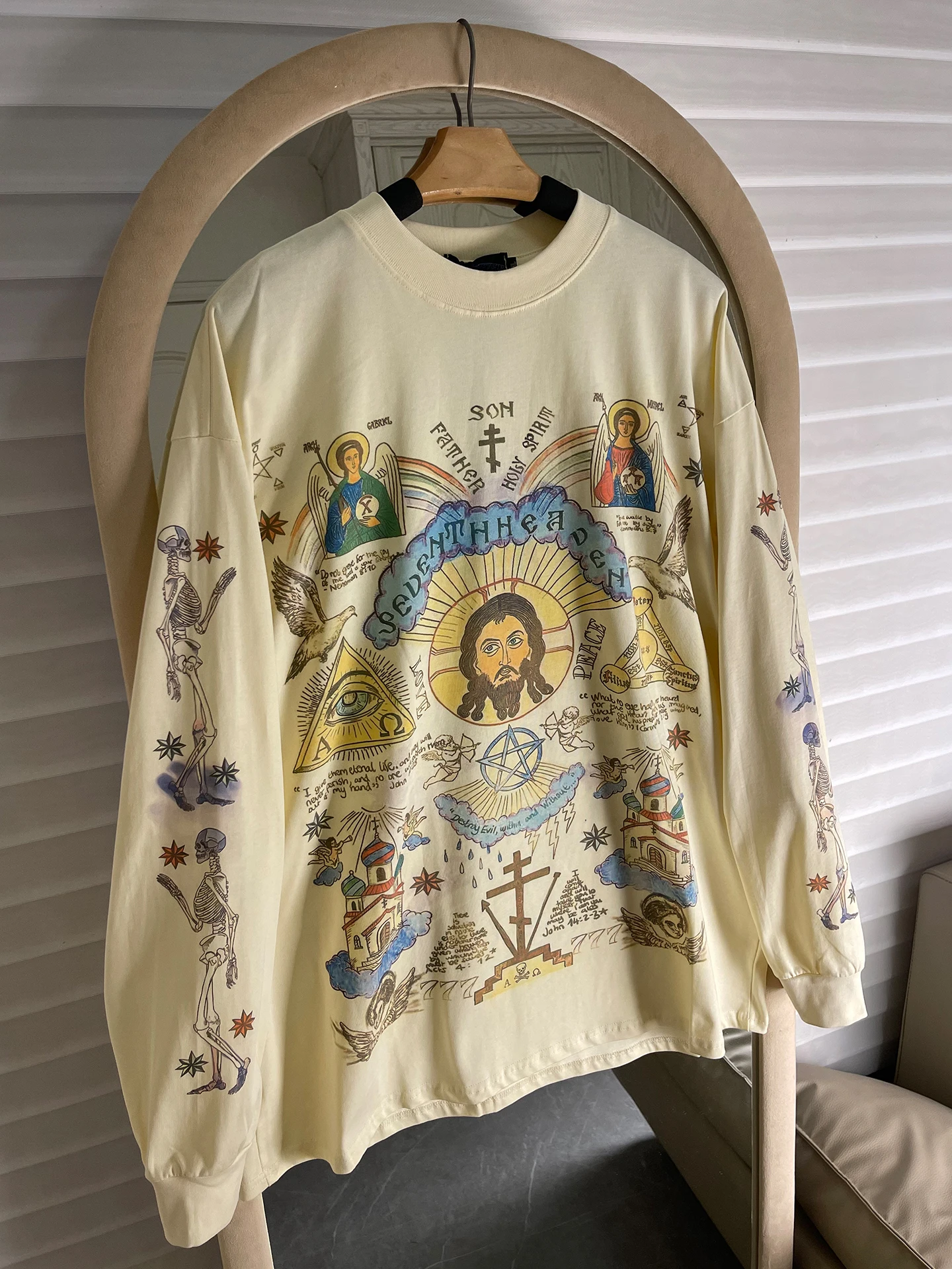 

Американская футболка оверсайз с длинным рукавом в стиле стрит-арт, ручная роспись, свободный крой, хип-хоп, повседневный топ для молодежи