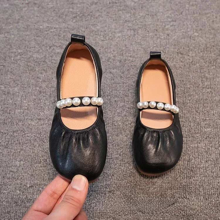 Girls Princess Shoes Kids Simple Pearl Leather Shoes with Pleats for Party Wedding Children Casual Flats Elegant Temperament