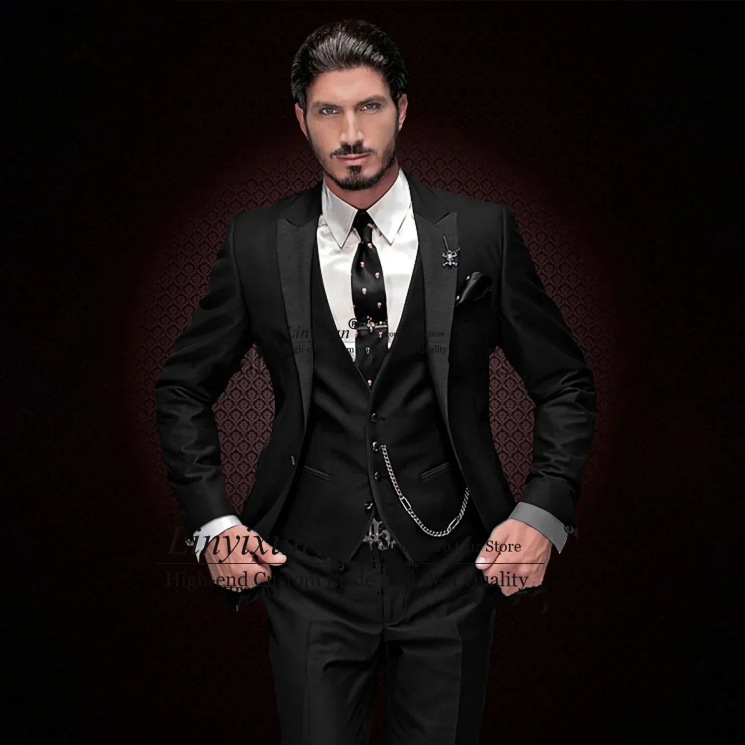 

Classic Black Slim Fit Mens Suits Peaked Lapel Wedding Groom Tuxedo 3 Piece Jacket Vest Pants Set Male Business Masculino Blazer