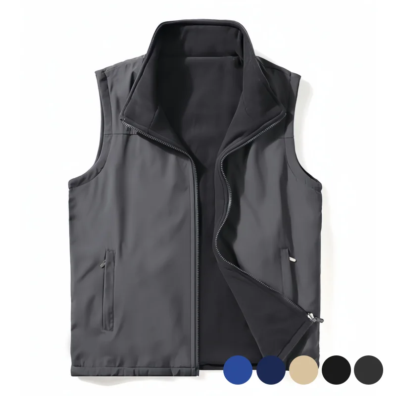 Autumn and Winter Warm Vest for Men, Double-Sided Fleece Vest, Stand-Up Collar Sleeveless Reversible Jacket
