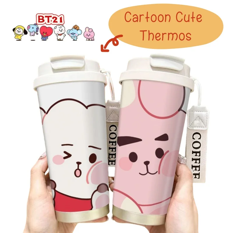 

BT21 моторошный высокий цветной рисунок, милый термос большой емкости из нержавеющей стали, автомобильная соломинка, двойной напиток, кофейная чашка, подарок на день рождения