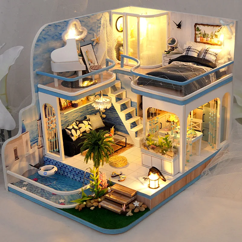 

3D Puzzle Building Model Kit Wooden Miniature Doll House With LED Lights Assembled DollHouses DIY Wooden Ocean Casa Doll Houses