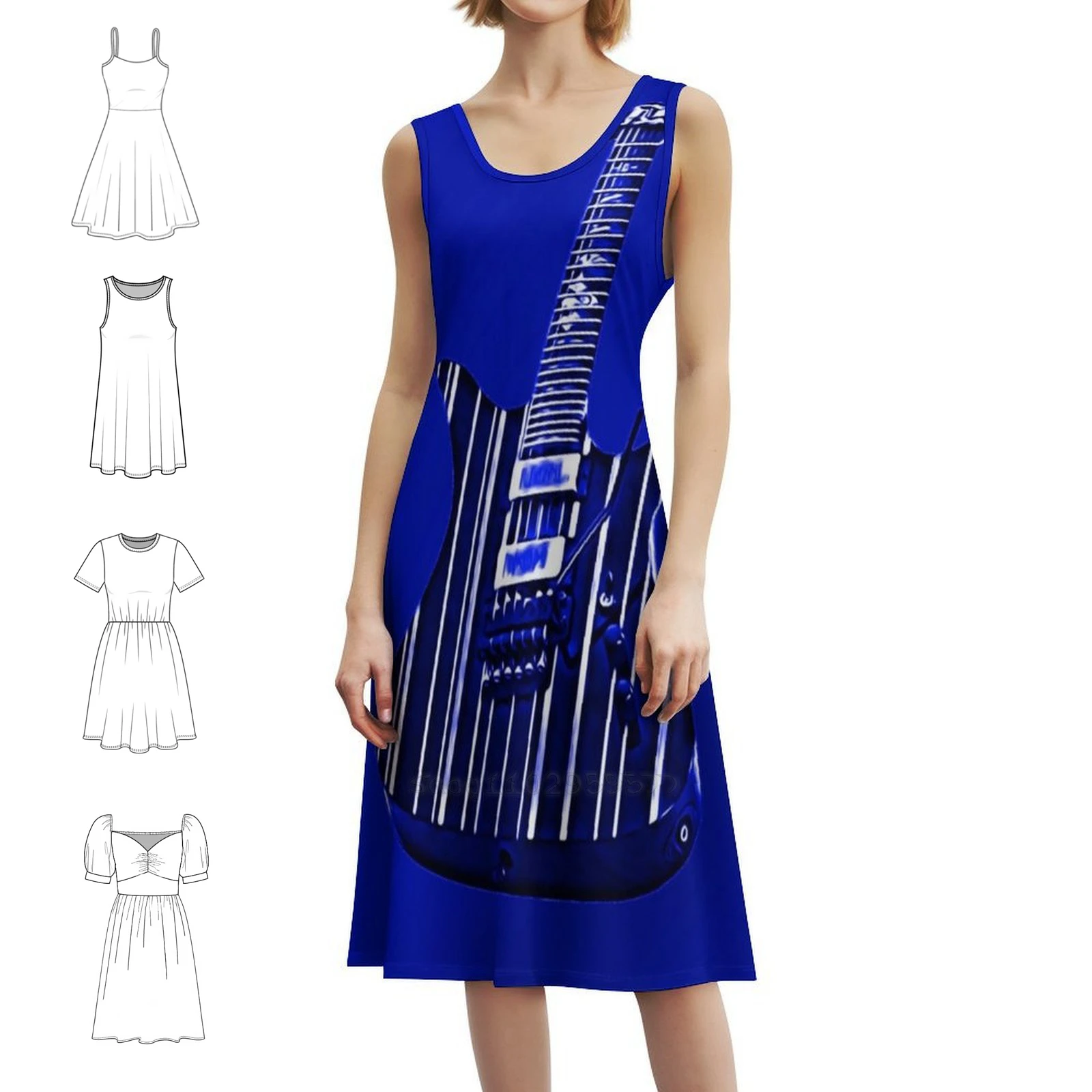 Guitar Art Vintage Bohemian Dress Puff Sleeve Or Sleeveless Options For Women Dress Guitar Guitarist Guitar Player Musician