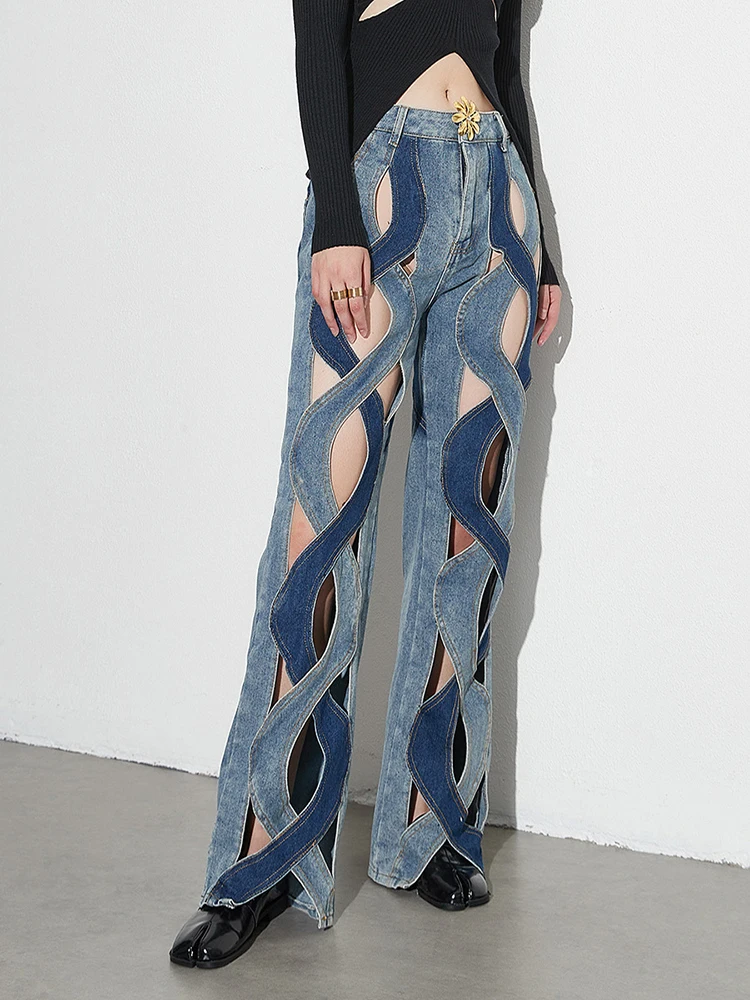 

Fashion New Female Patchwork Zipper Spring Jeans For Women High Waist Hollow Out Casual Unique Design Wide Leg Pants