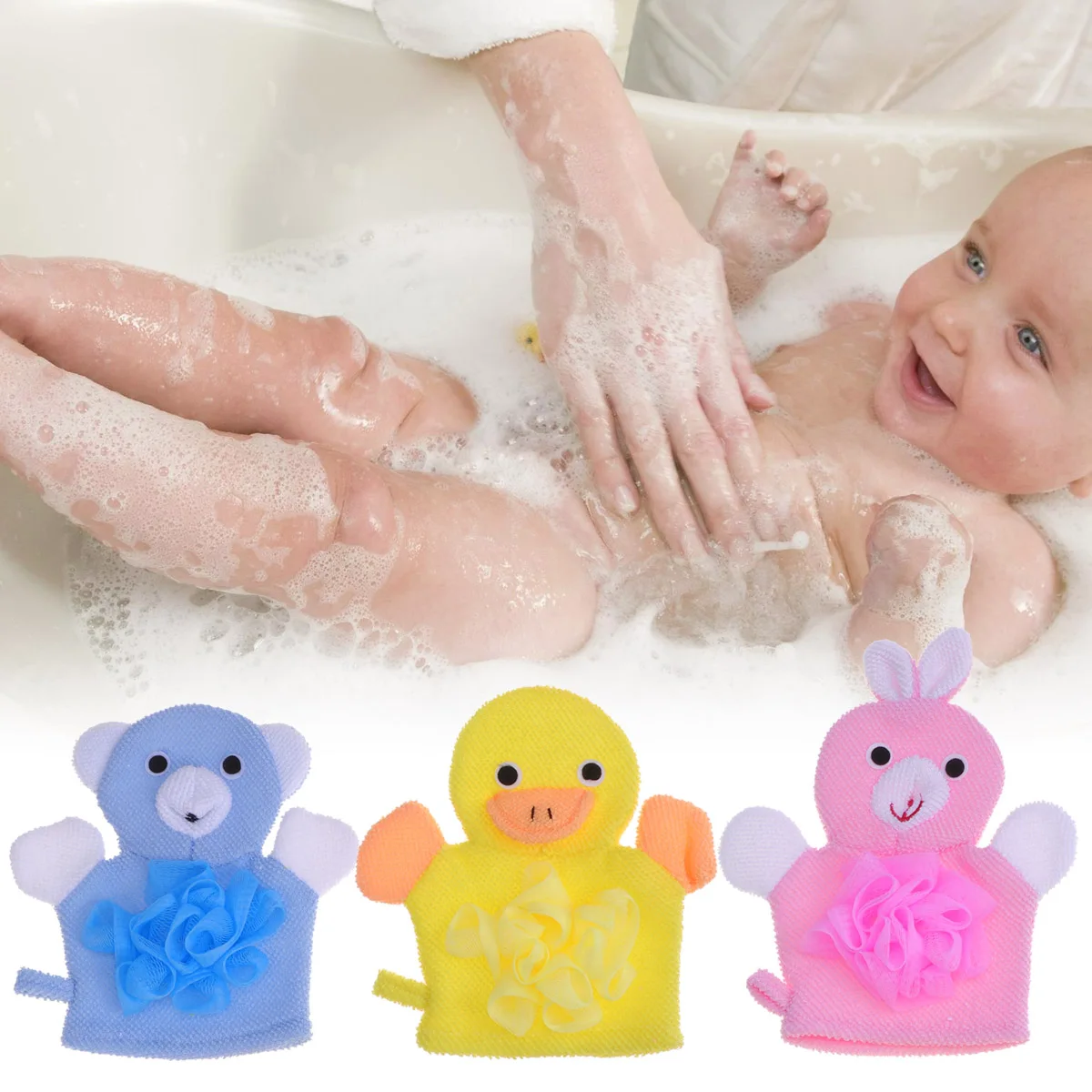 

3PCS Bath Gloves Shower Spa Cartoon Animals Design Machine Washable Kids Women Men Body Scrubber Plant Fiber Sponge Gloves