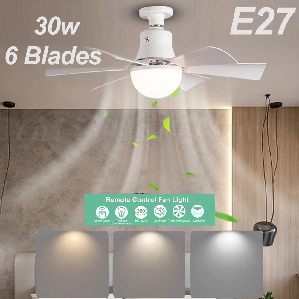 30W Ceiling Fan Light E27 with Remote Control Socket Ceiling Fan 3 Gear Speed Smart Wireless Fan Lighting 6 Blades for Bedroom