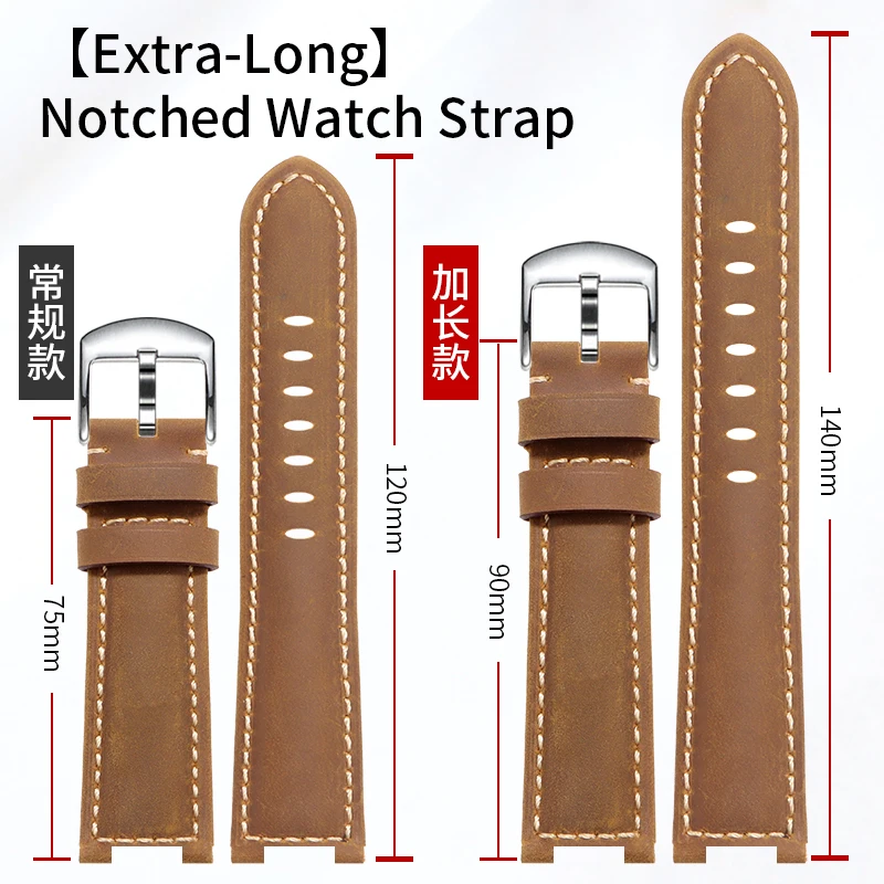 Genuine Leather Strap for Bell & Ross Square Watches BR05C/BR05A, Large Size Extended Length Notch Cowhide Watch Strap 26x12mm