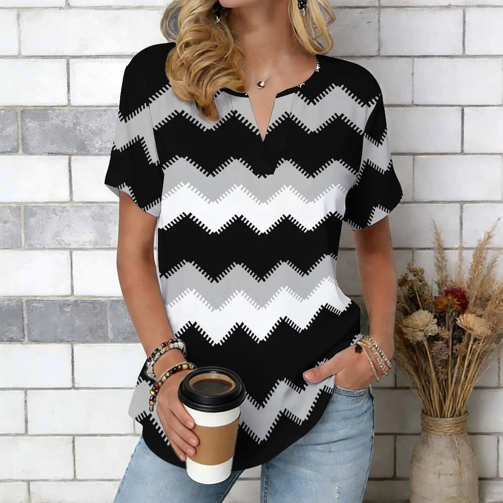 Women Print Notched V Neck Short Sleeve Casual Loose Tunic Tops